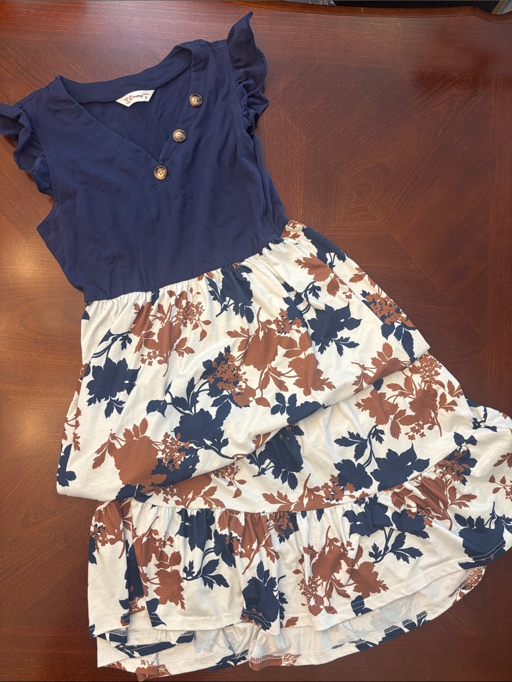 PatPat Navy Top with White Floral Tiered Skirt Dress
